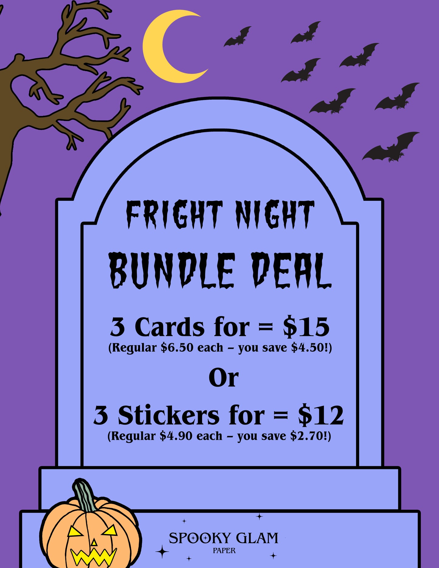 Fright Night Bundle: 3 Greeting Cards + 3 Stickers