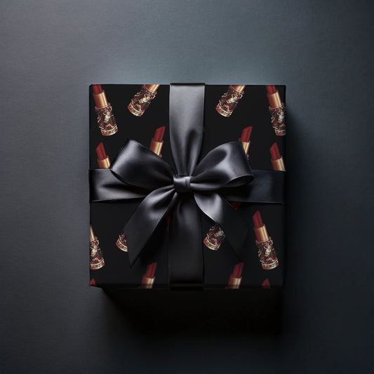 Luxury gothic wrapping paper with gold bat lipstick pattern on black background